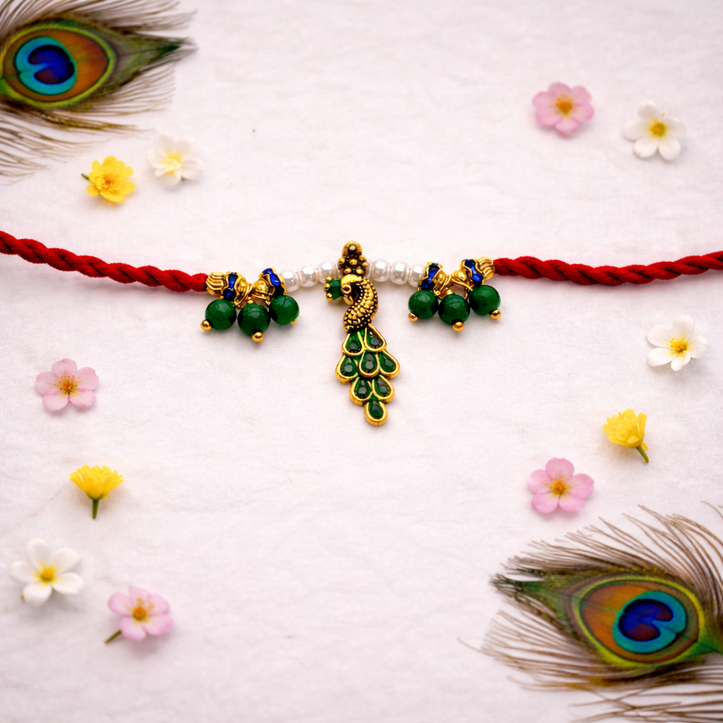 Ethnic Peacock Feather Rakhi with Roli Chawal & Rakshabandhan Card