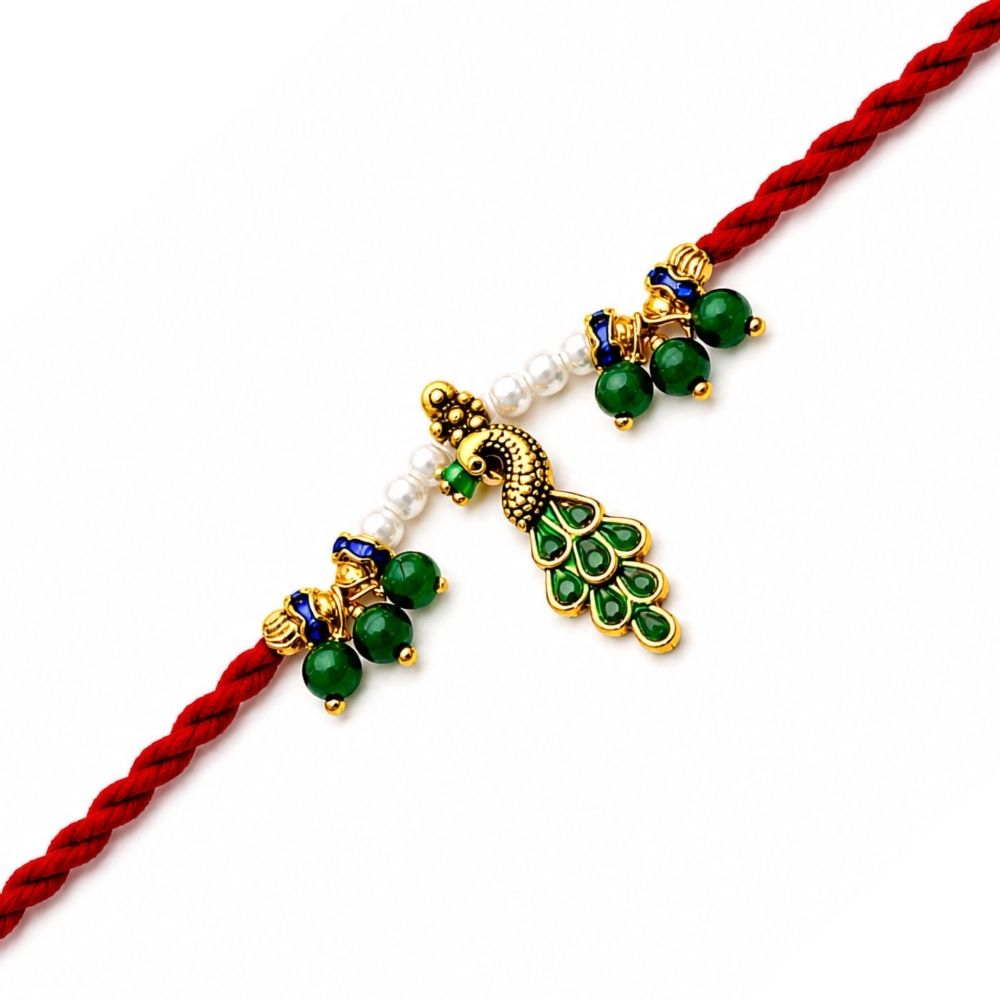 Ethnic Peacock Feather Rakhi with Roli Chawal & Rakshabandhan Card