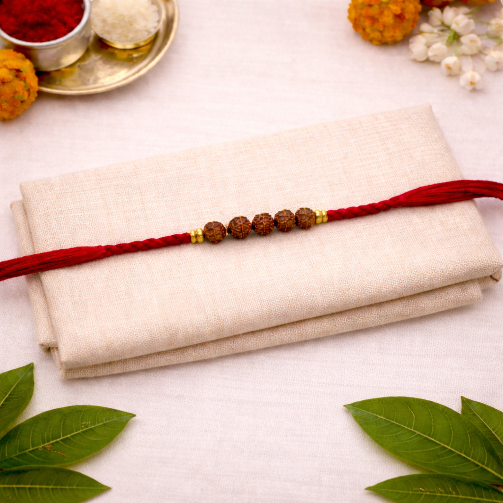Minimalist Rudraksha Bead Rakhi with Roli Chawal & Rakshabandhan Card
