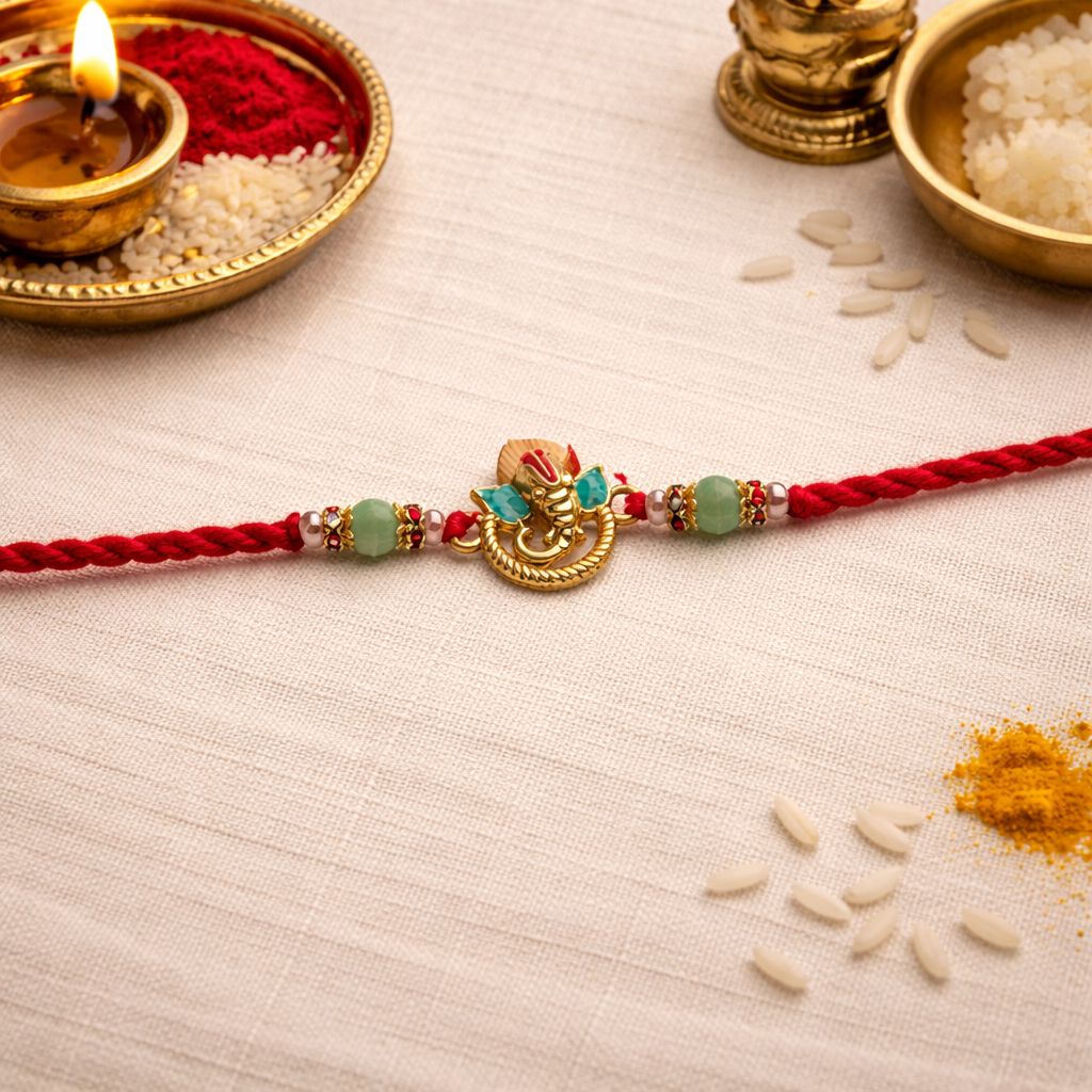 Bappa Pearl Rakhi with Roli Chawal & Rakshabandhan Card