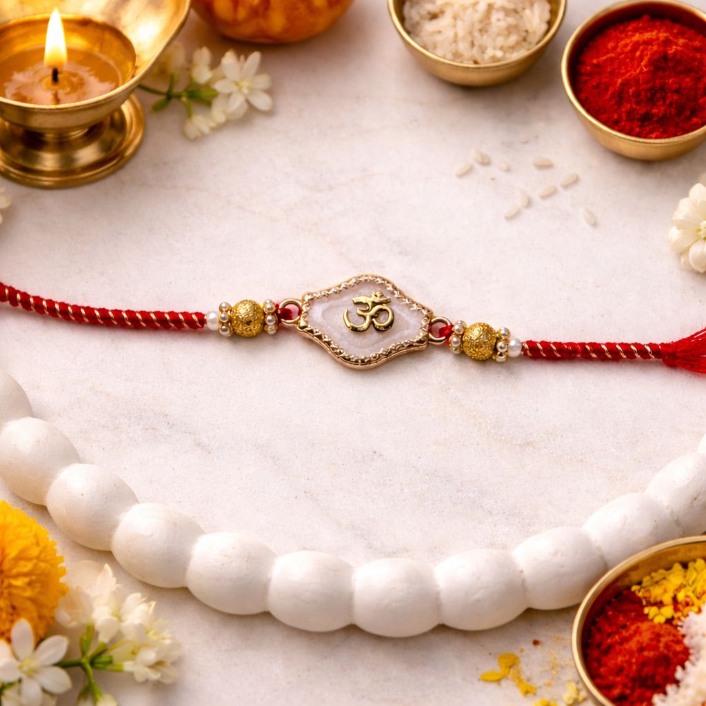 Om White Enamel Rakh iwith Roli Chawal & Rakshabandhan Card