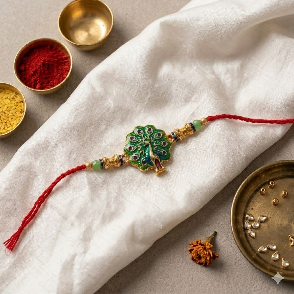 Traditional Peacock Design Rakhi with Roli Chawal & Rakshabandhan Card