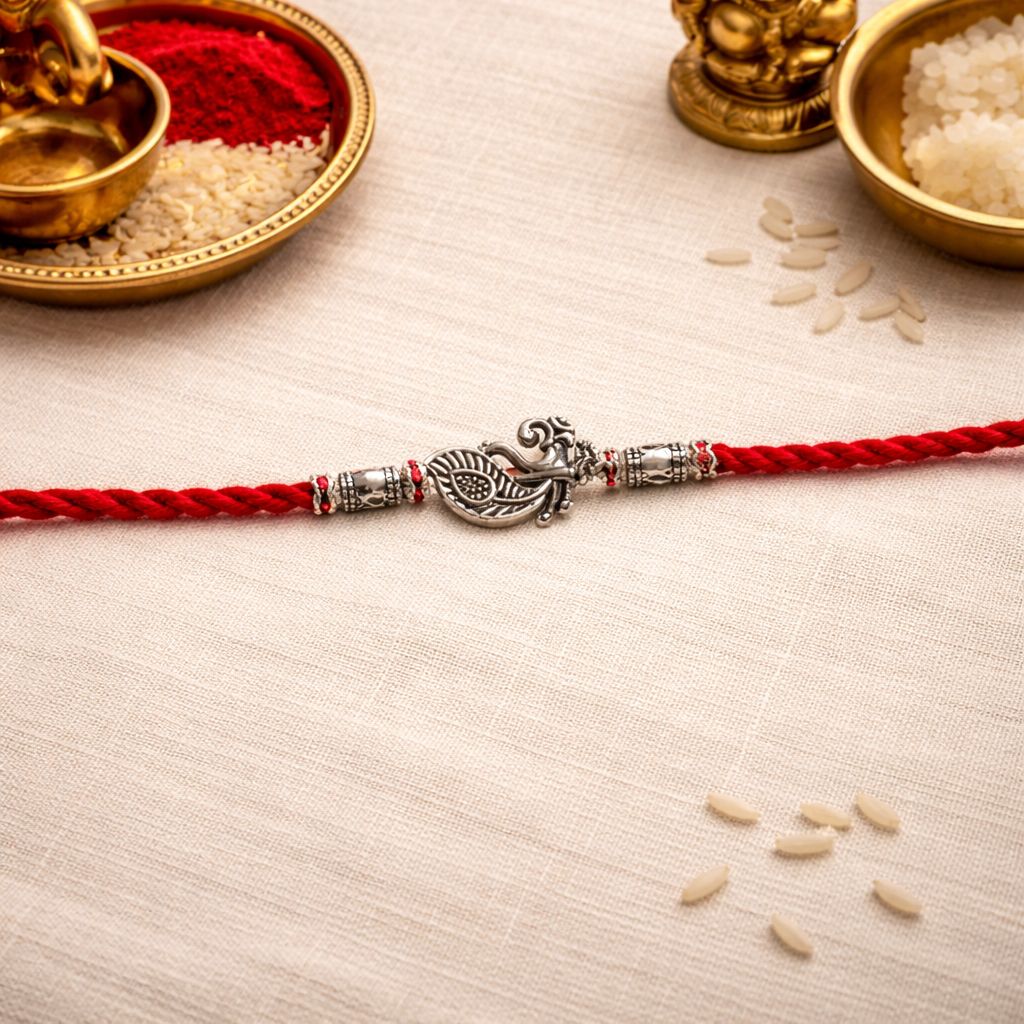 Ethnic Peacock Rakhi with Roli Chawal & Rakshabandhan Card
