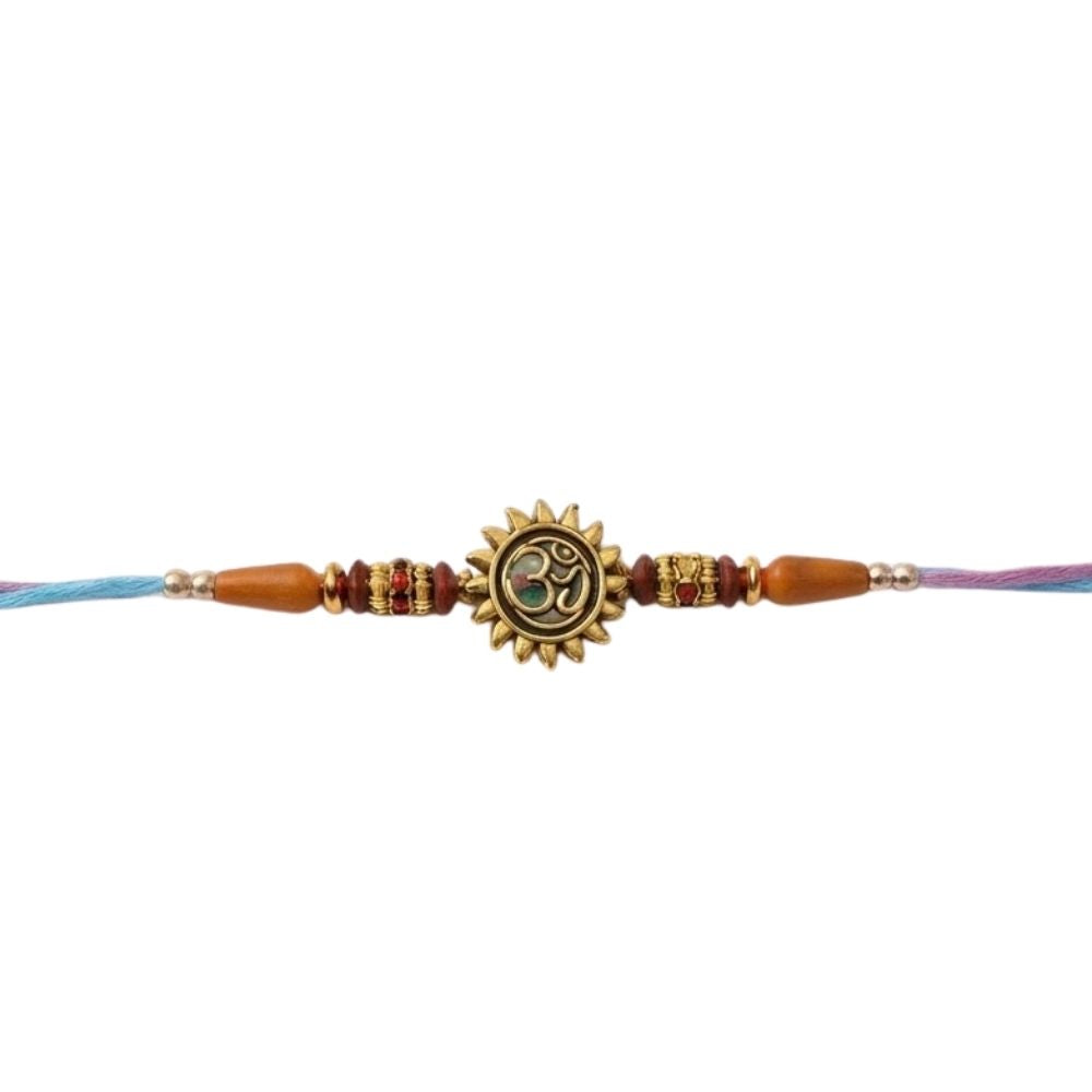 Traditional Om Sun Shape Rakhi with Roli Chawal & Rakshabandhan Card