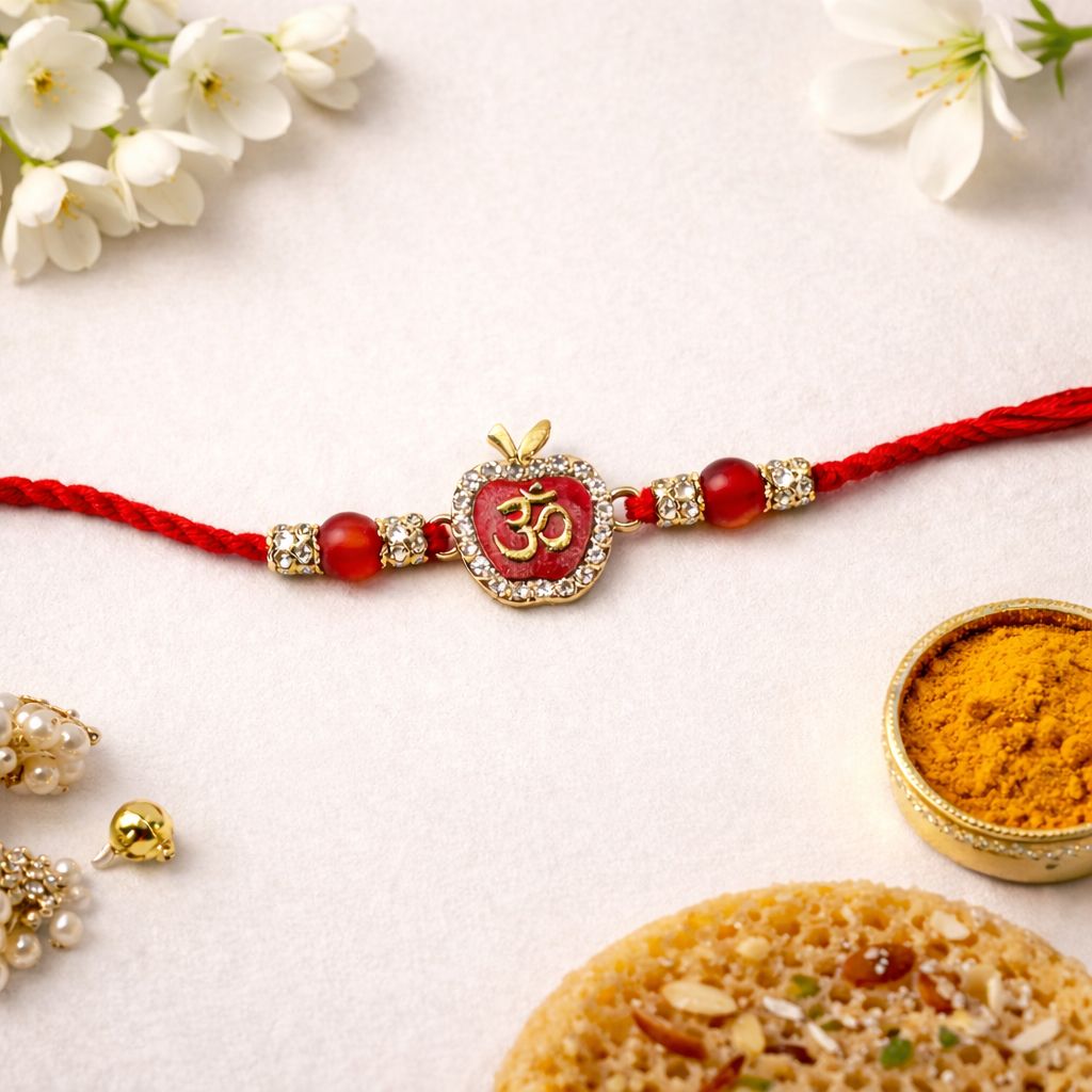 Spiritual Om Apple Design Rakhi with Roli Chawal & Rakshabandhan Card