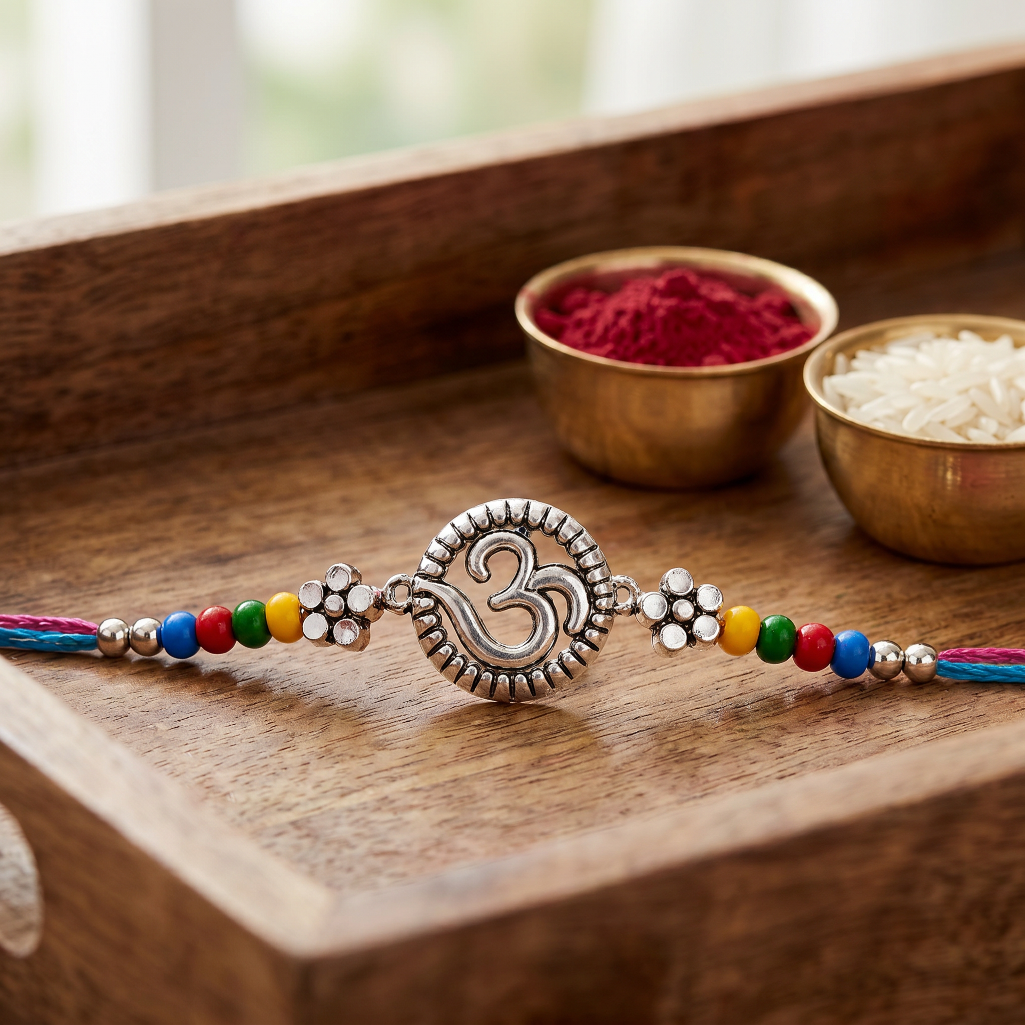 Om Rudraksha Rakhi with Roli Chawal & Rakshabandhan Card