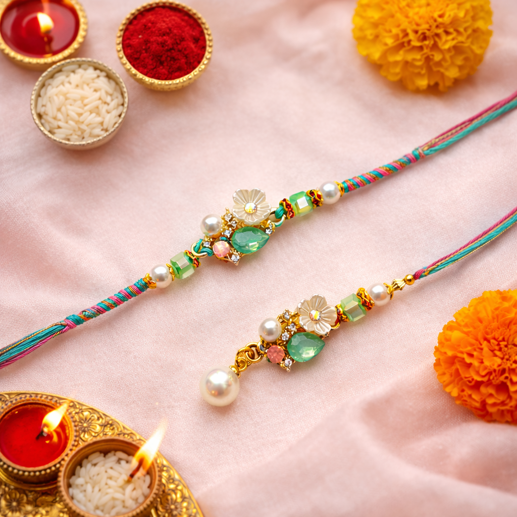 Bhaiya-Bhabhi Lumba Rakhi with Roli Chawal & Rakshabandhan Card