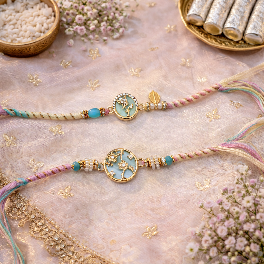Floral Mint Enamel Bhaiya Bhabhi Rakhi with Roli Chawal & Rakshabandhan Card