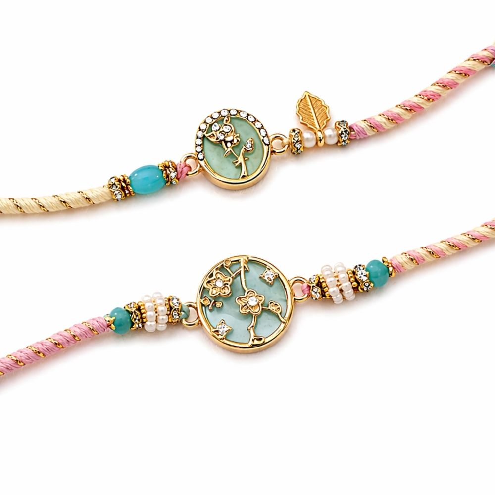 Floral Mint Enamel Bhaiya Bhabhi Rakhi with Roli Chawal & Rakshabandhan Card