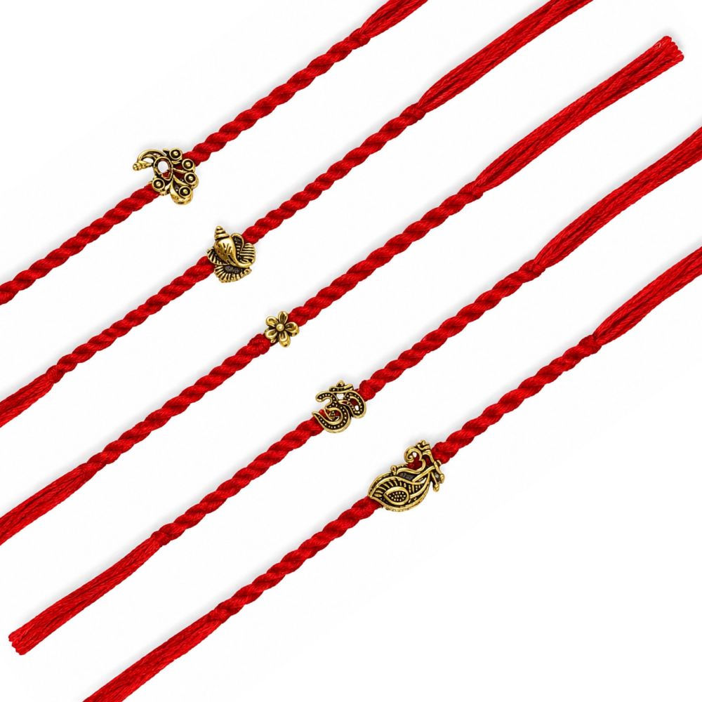 Traditional Spiritual Rakhi with Roli Chawal & Rakshabandhan Card (Pack of 5)