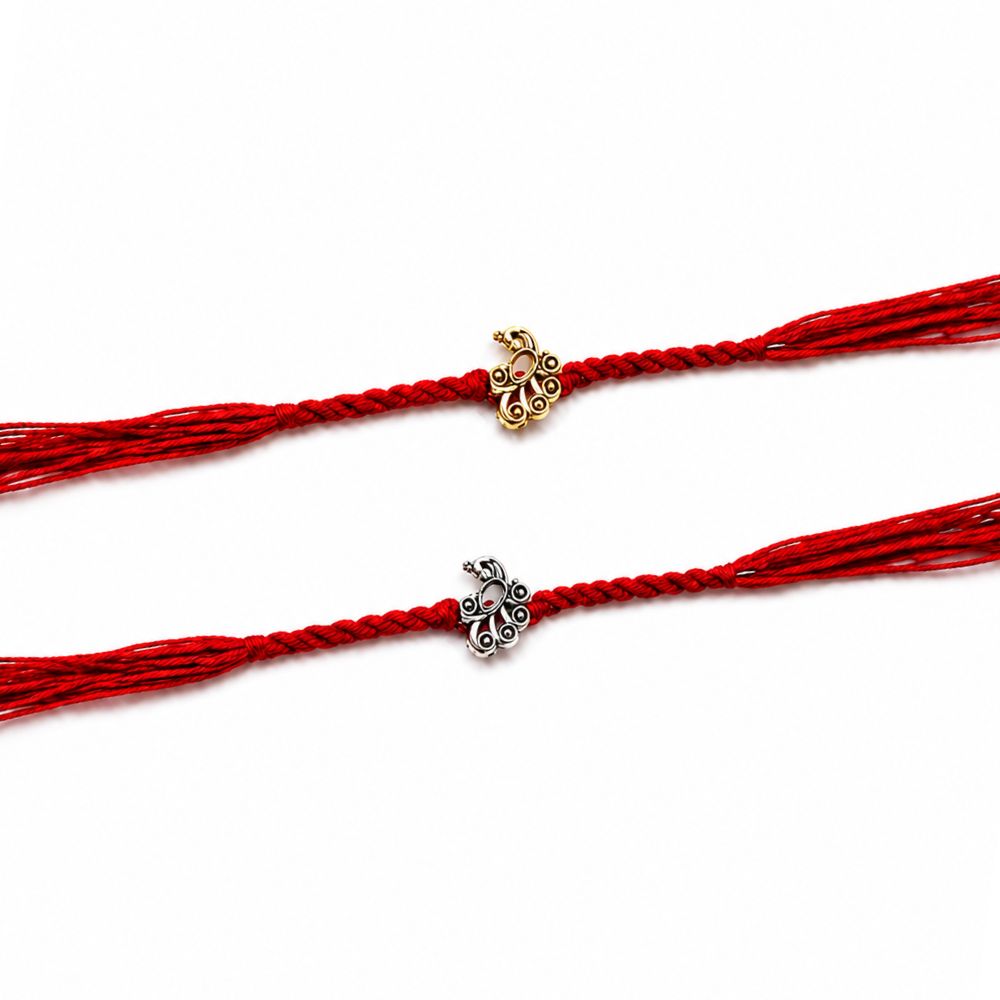 Traditional Peacock Design Rakhi with Roli Chawal & Rakshabandhan Card (Pack of 2)