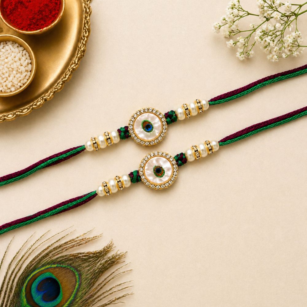 Peacock Feather Enamel Rakhi with Roli Chawal & Rakshabandhan Card (Pack of 2)