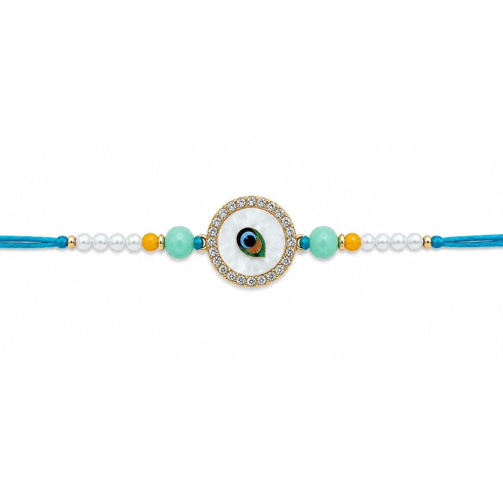 White Enamel Evil Eye Rakhi with Roli Chawal & Rakshabandhan Card