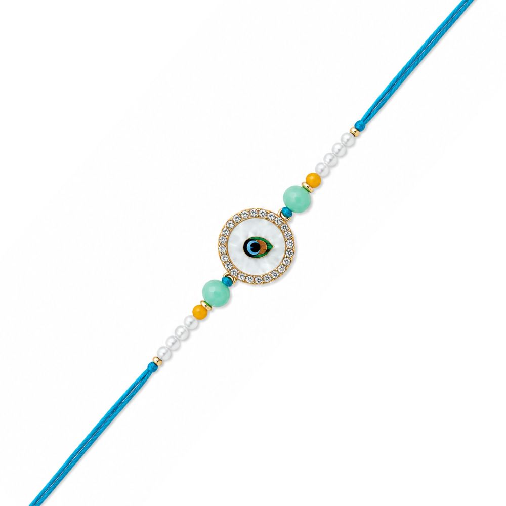 White Enamel Evil Eye Rakhi with Roli Chawal & Rakshabandhan Card