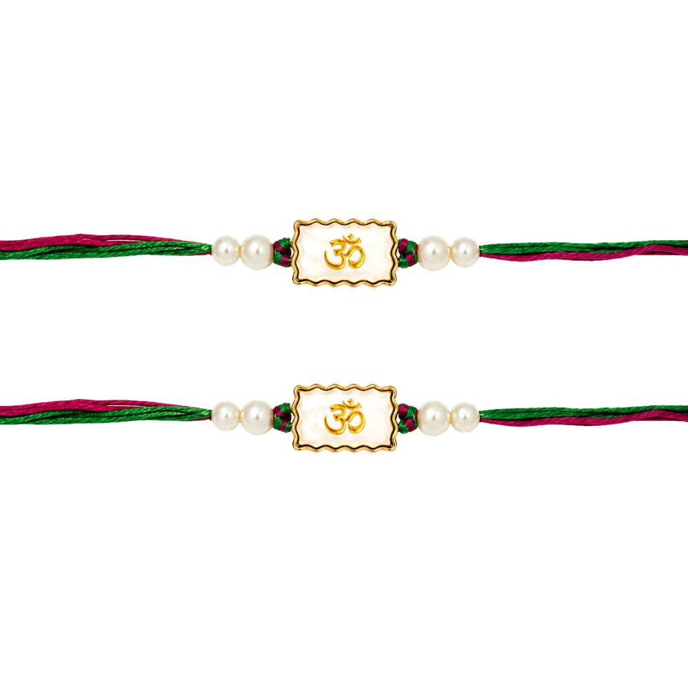 Om White Enamel Rakhi with Roli Chawal & Rakshabandhan Card (Pack of 2)