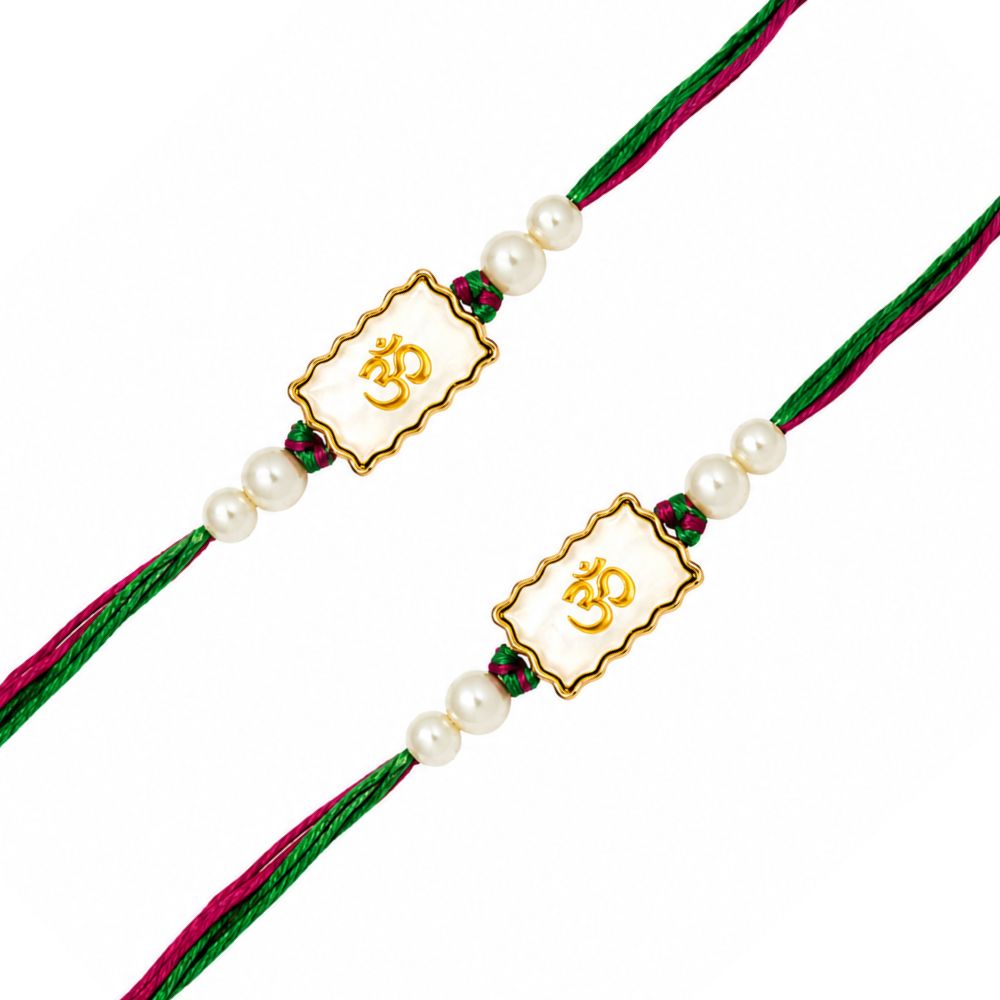 Om White Enamel Rakhi with Roli Chawal & Rakshabandhan Card (Pack of 2)