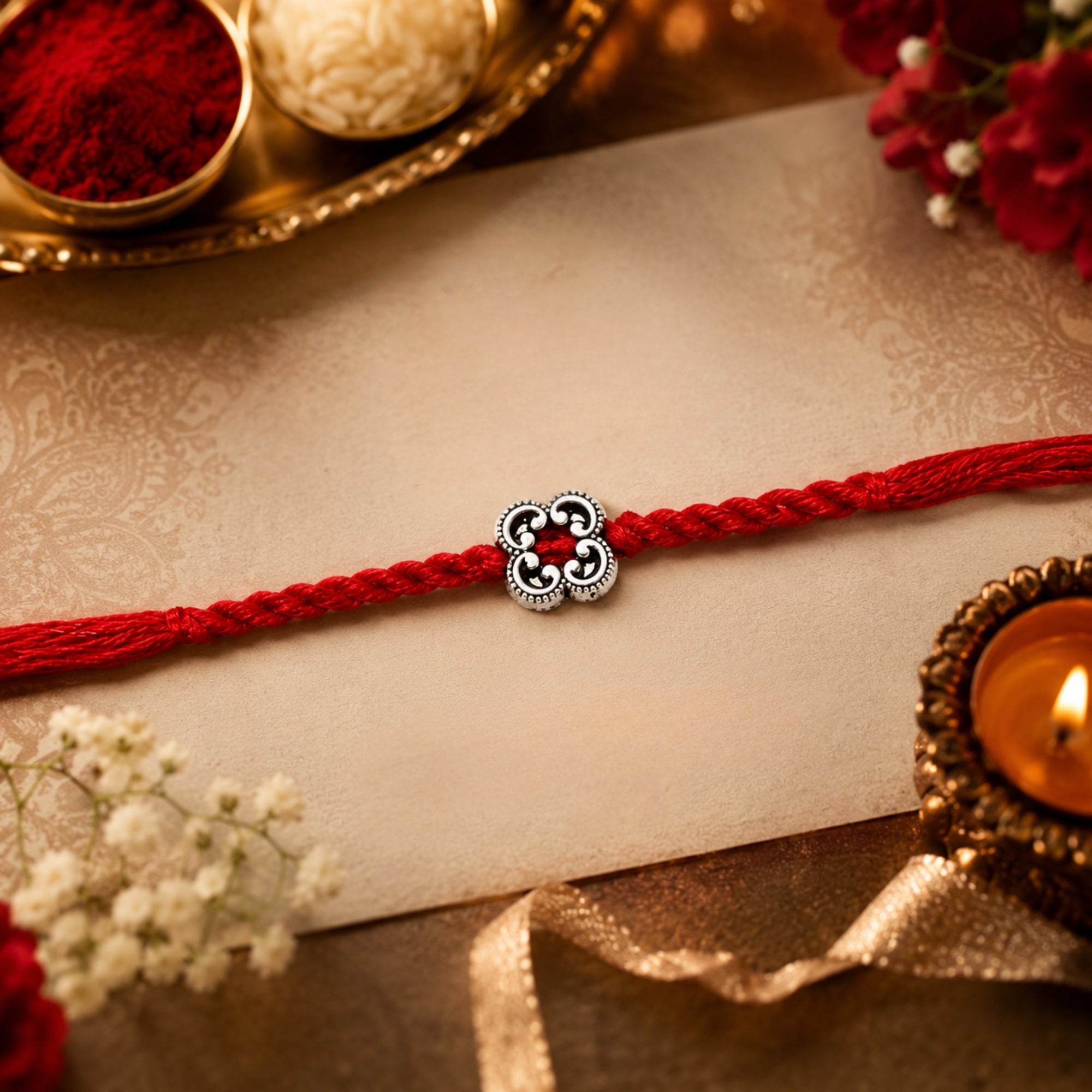 Traditional Floral Designer Rakhi with Roli Chawal & Rakshabandhan Card