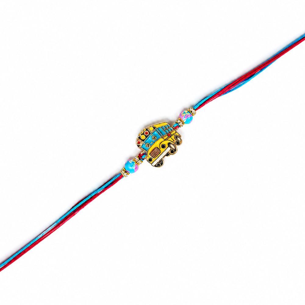 Cute School Bus Rakhi with Roli Chawal & Rakshabandhan Card