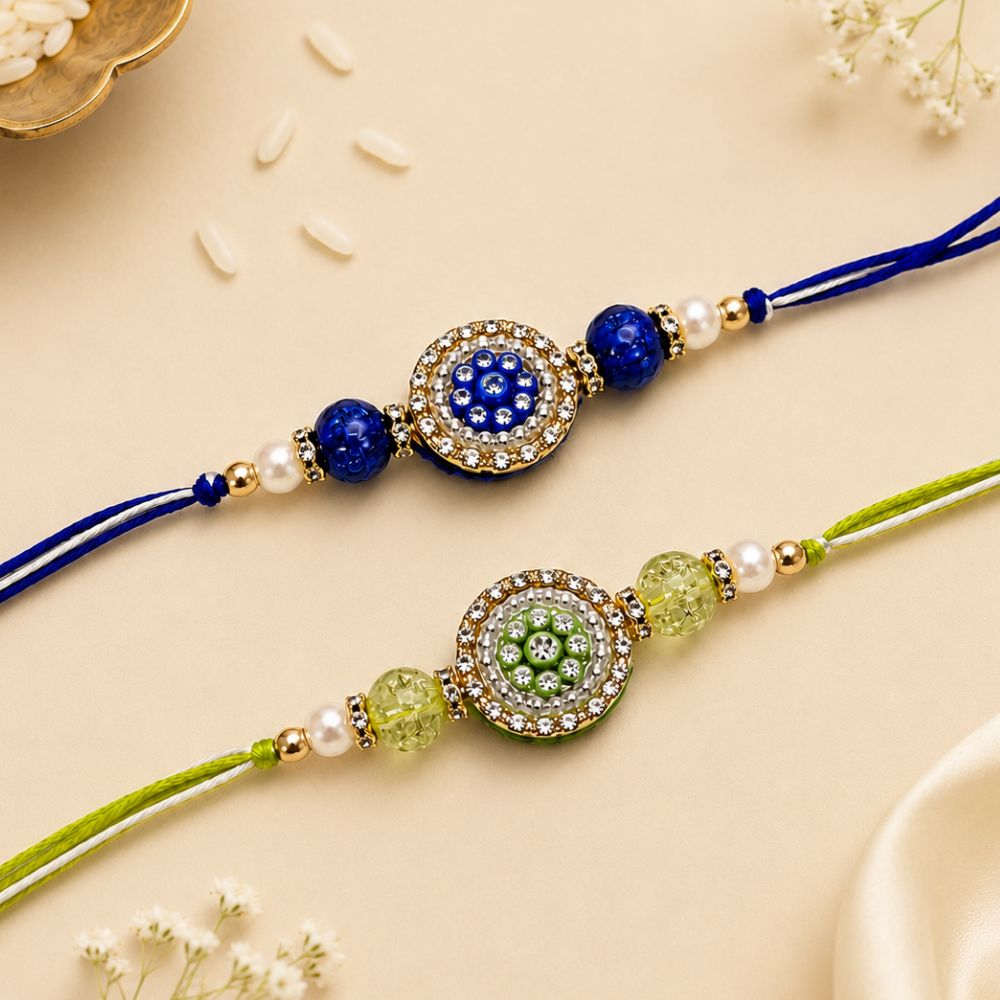 Pearl & Kundan Studded Rakhi with Roli Chawal and Raksha Bandhan Card (Pack Of 2)