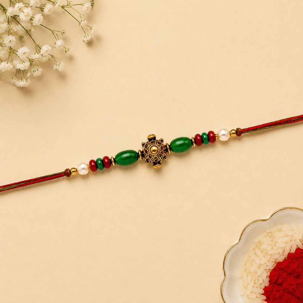 Antique Design Rakhi with Roli Chawal and Raksha Bandhan Card