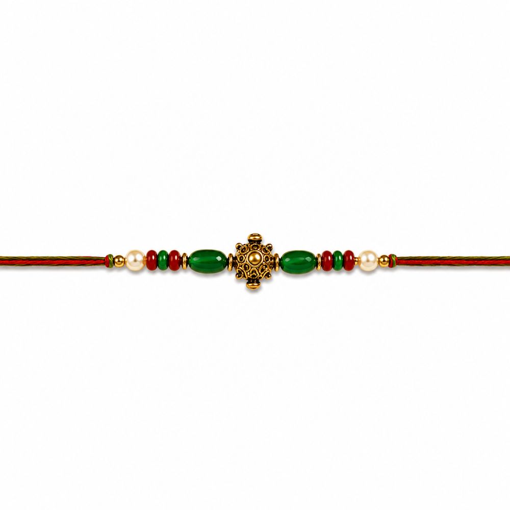 Antique Design Rakhi with Roli Chawal and Raksha Bandhan Card