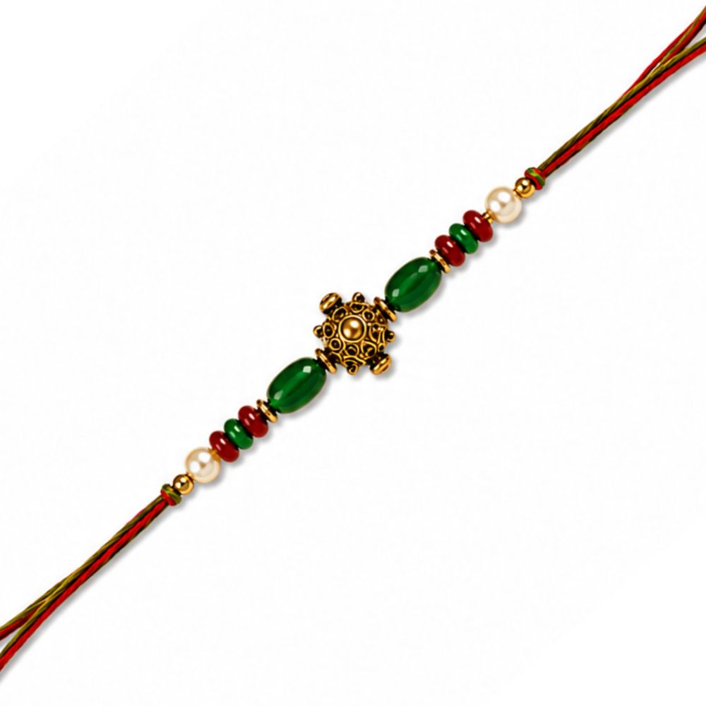 Antique Design Rakhi with Roli Chawal and Raksha Bandhan Card