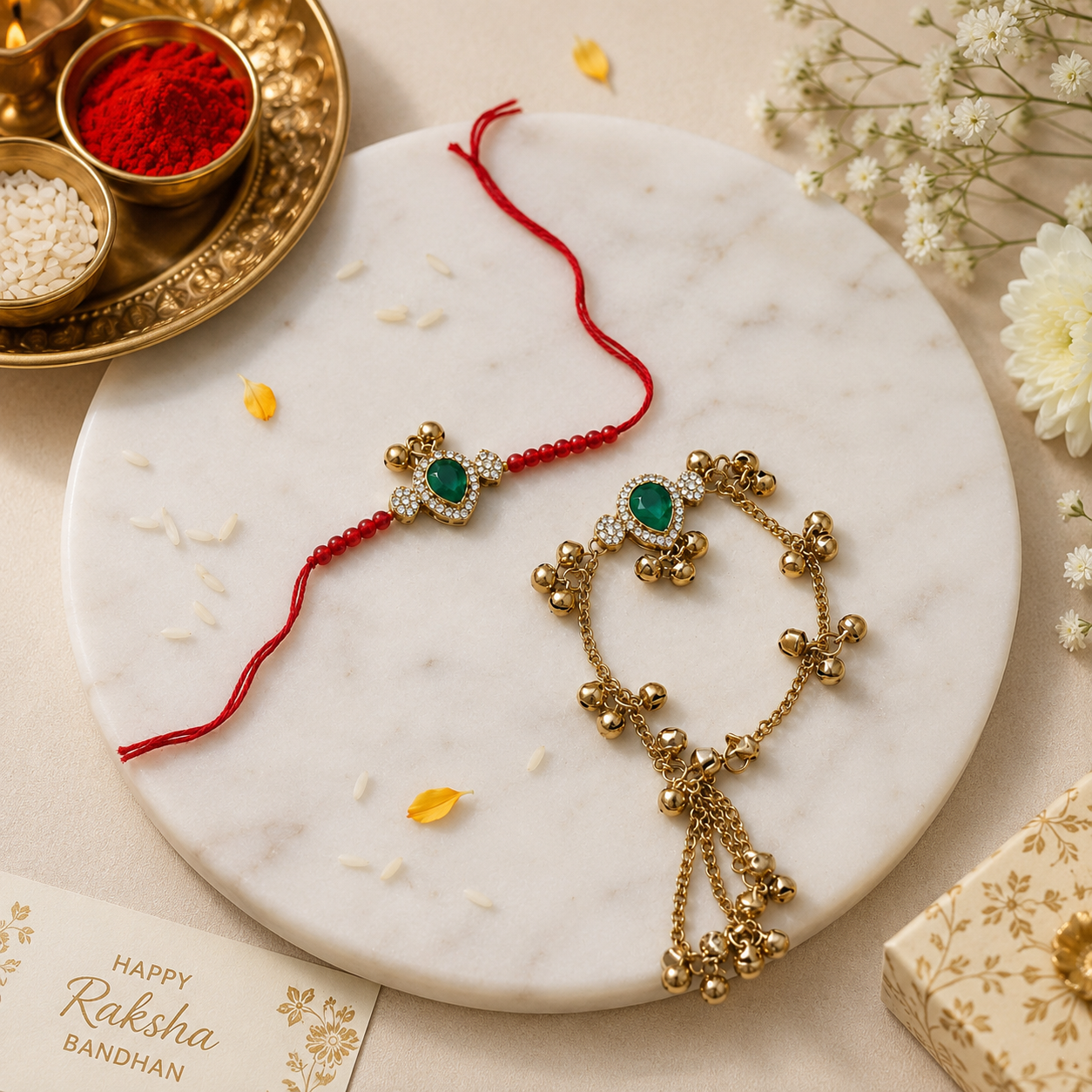 Royal Kashmiri Ghungroo Bhaiya Bhabhi Lumba Rakhi With Roli Chawal & Rakshabandhan Card
