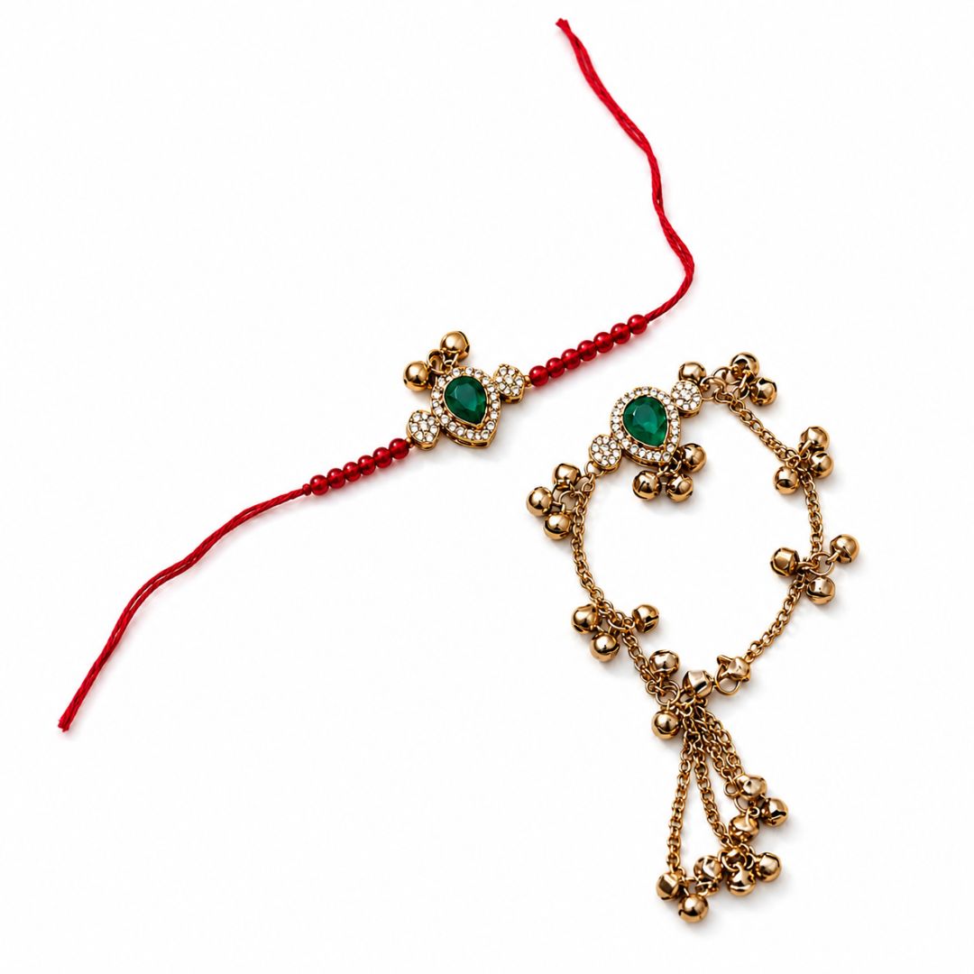 Royal Kashmiri Ghungroo Bhaiya Bhabhi Lumba Rakhi With Roli Chawal & Rakshabandhan Card