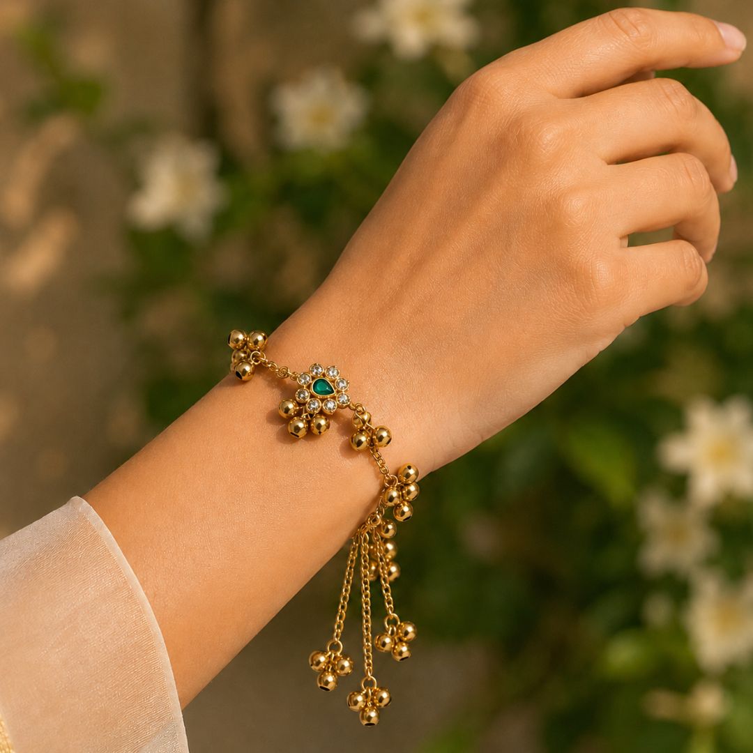 Emerald Floral Kashmiri Ghungroo Lumba Bracelet