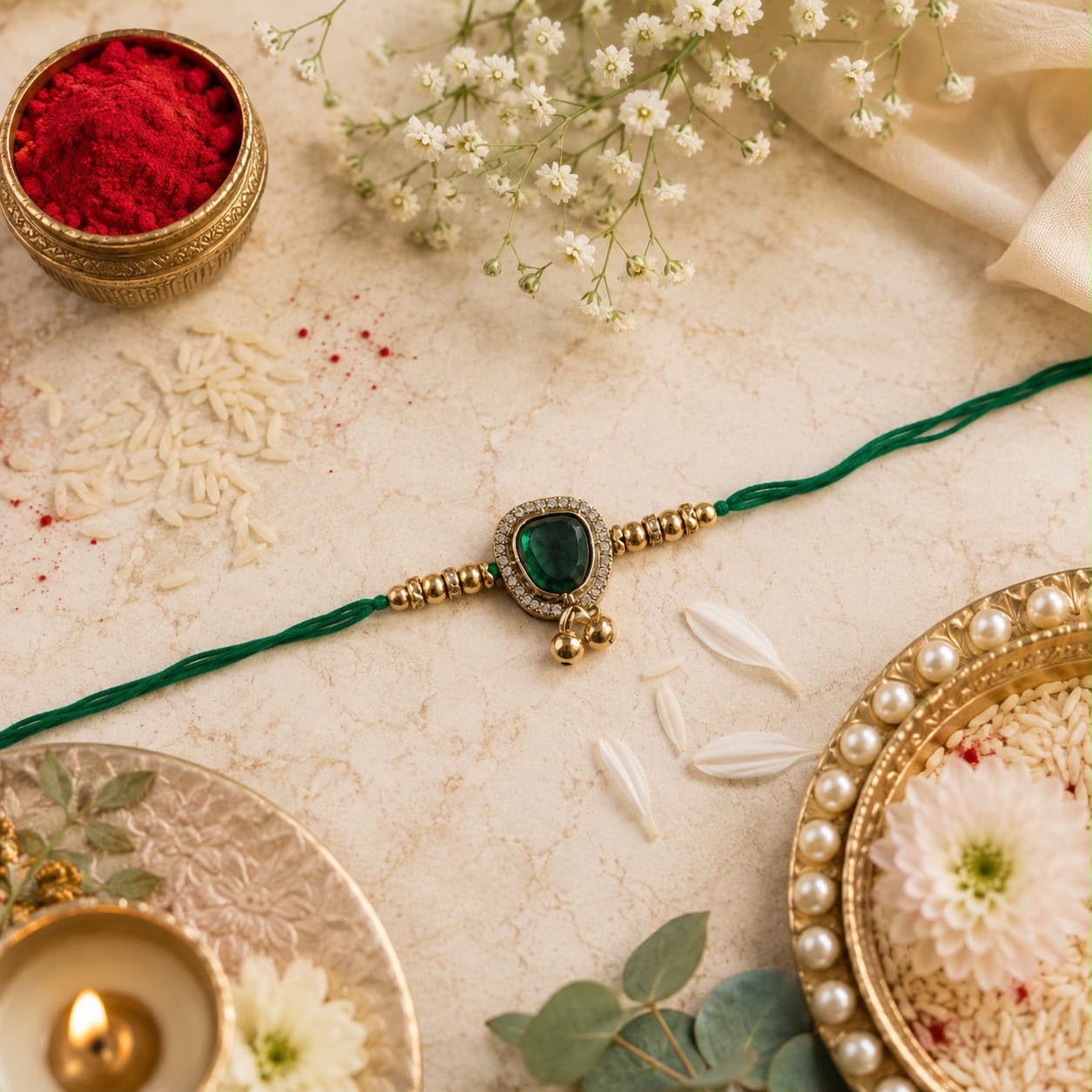 Emerald Green Stone Designer Rakhi for Brother with Roli Chawal & Raksha Bandhan Card