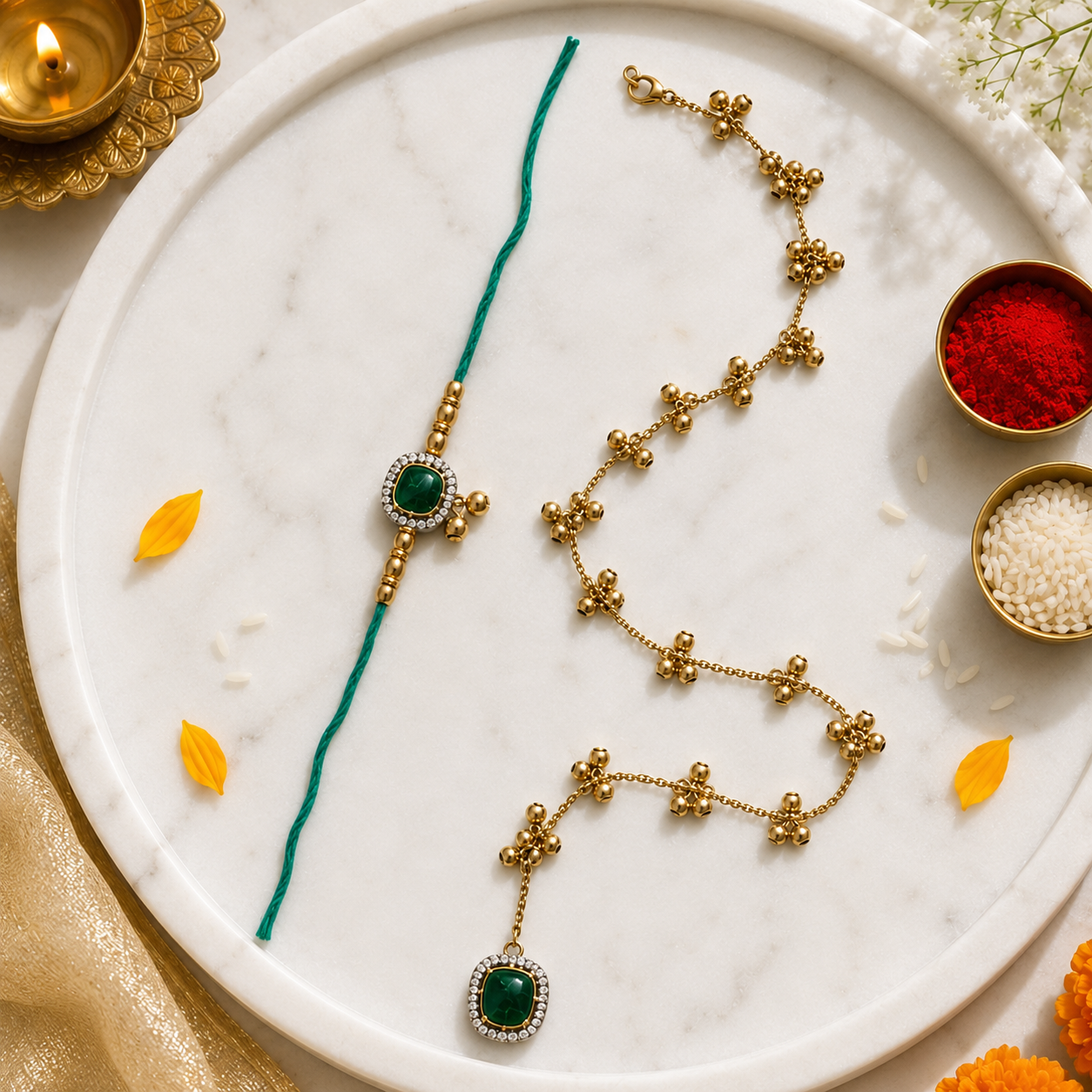Emerald Kashmiri Ghungroo Bhaiya Bhabhi Wrap Around Lumba Rakhi With Roli Chawal & Card