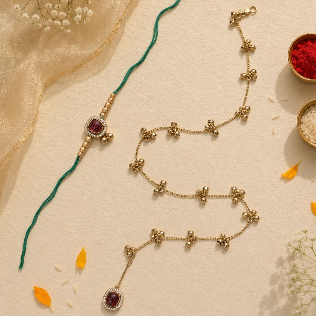 Traditional Kashmiri Ghungroo Bhaiya Bhabhi Wrap Around Lumba Rakhi With Roli Chawal & Card