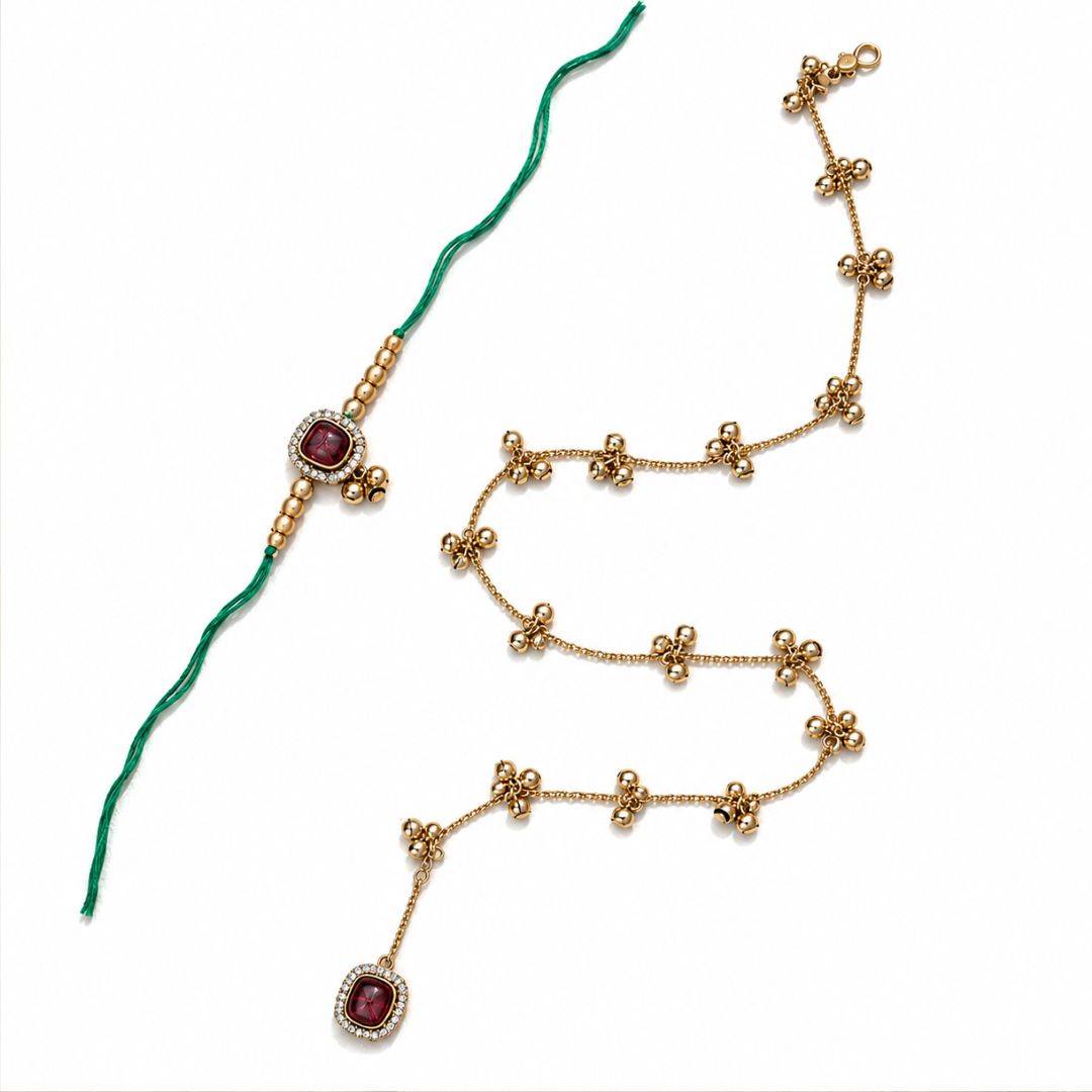 Traditional Kashmiri Ghungroo Bhaiya Bhabhi Wrap Around Lumba Rakhi With Roli Chawal & Card