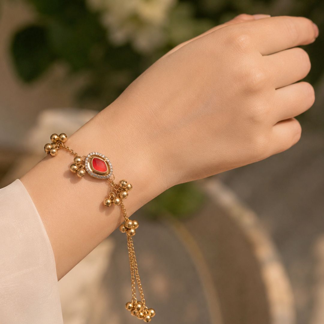 Red Teardrop Kashmiri Ghungroo Lumba Bracelet
