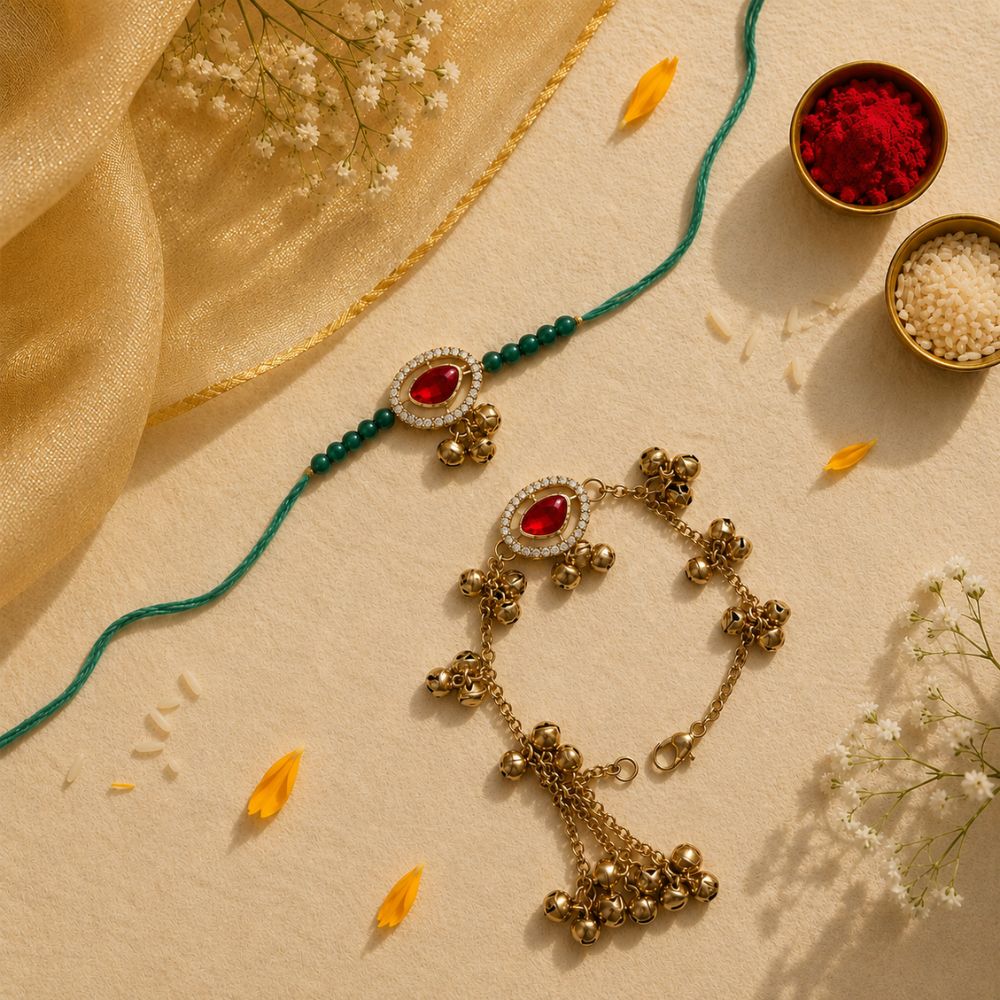 Kashmiri Ghungroo Bhaiya Bhabhi Lumba Rakhi With Roli Chawal & Rakshabandhan Card