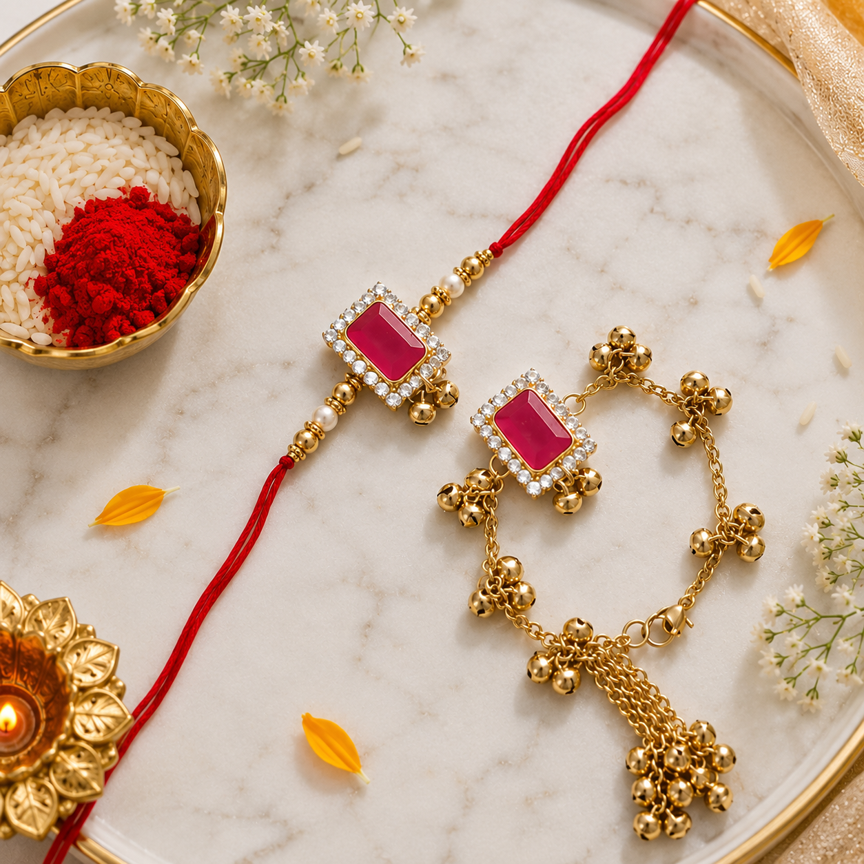 Designer Kashmiri Ghungroo Bhaiya Bhabhi Emerald Lumba Rakhi with Roli Chawal & Rakshabandhan Card