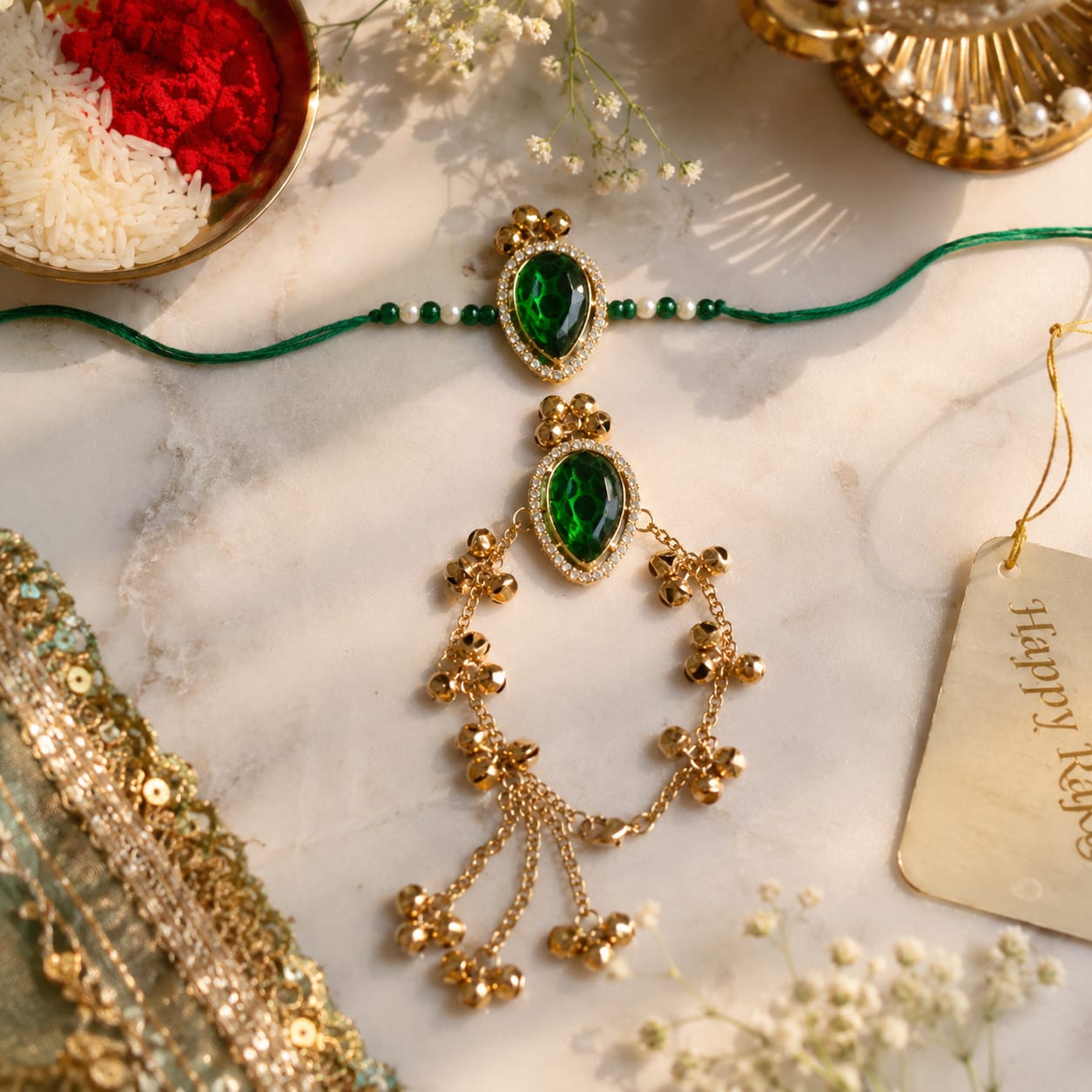 Designer Kashmiri Ghungroo Green Bhaiya Bhabhi Lumba Rakhi with Roli Chawal & Rakshabandhan Card
