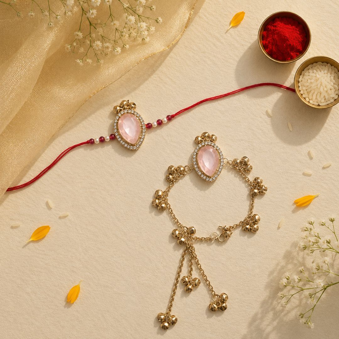 Designer Kashmiri Ghungroo Pink Bhaiya Bhabhi Lumba Rakhi with Roli Chawal & Rakshabandhan Card
