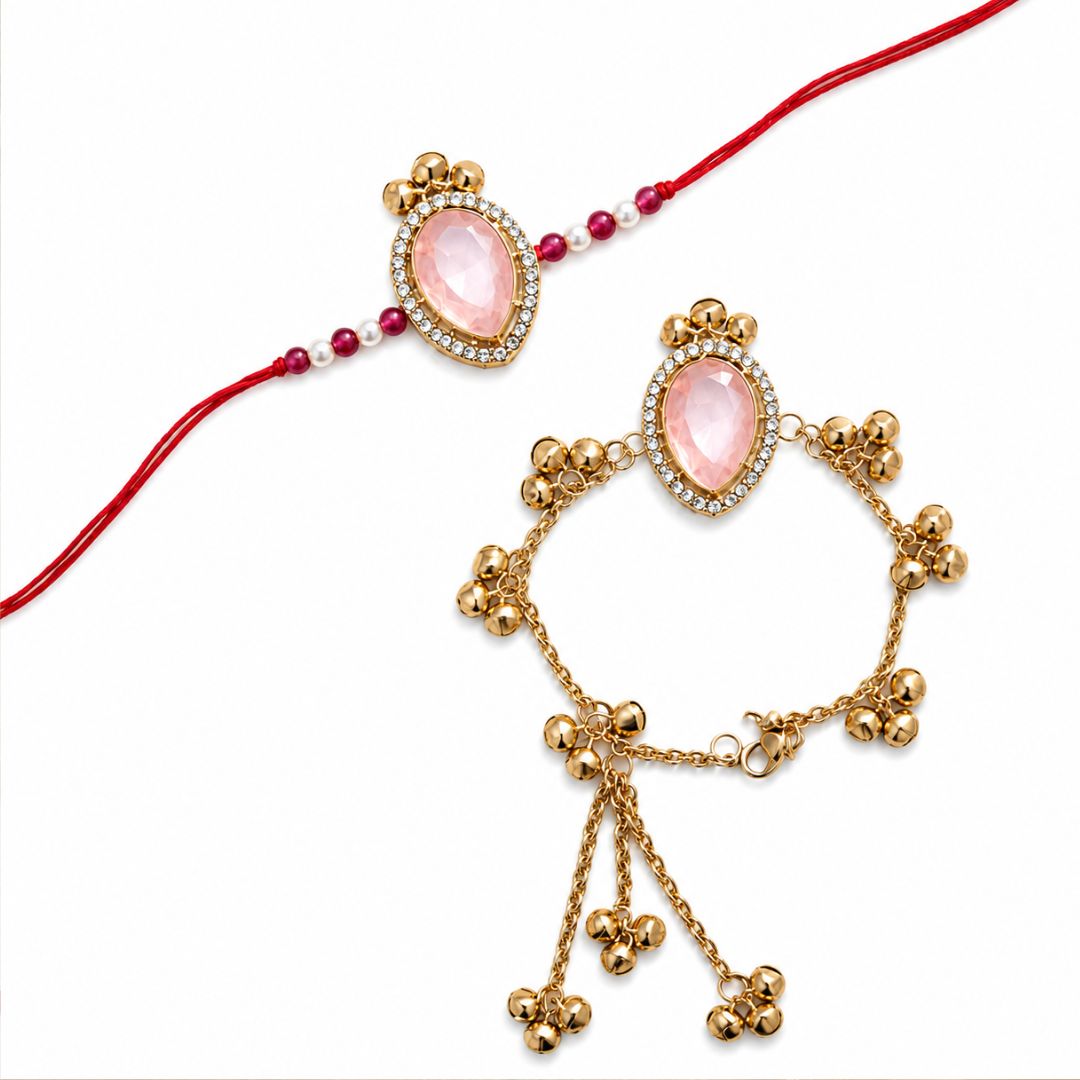 Designer Kashmiri Ghungroo Pink Bhaiya Bhabhi Lumba Rakhi with Roli Chawal & Rakshabandhan Card