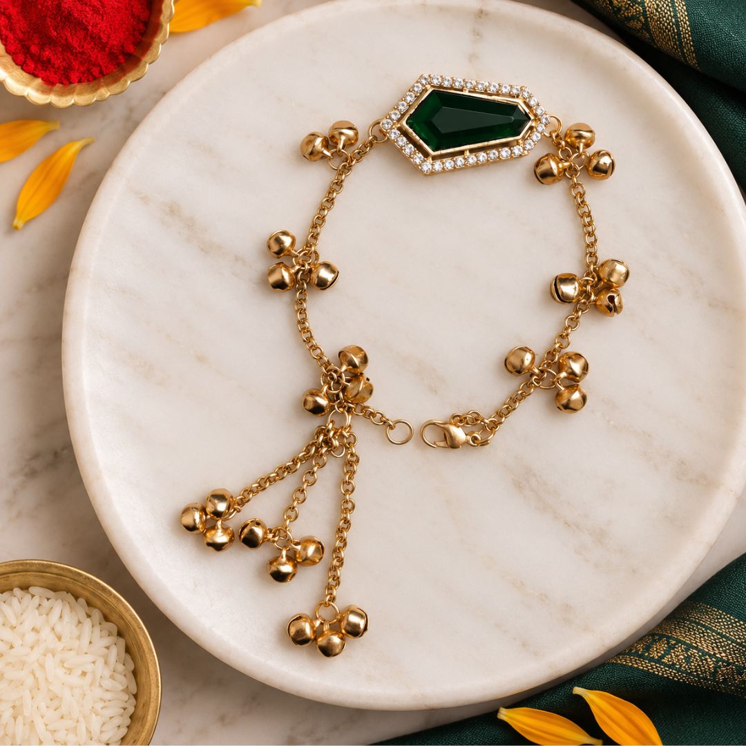 Emerald Hexagon Kashmiri Ghungroo Lumba Bracelet