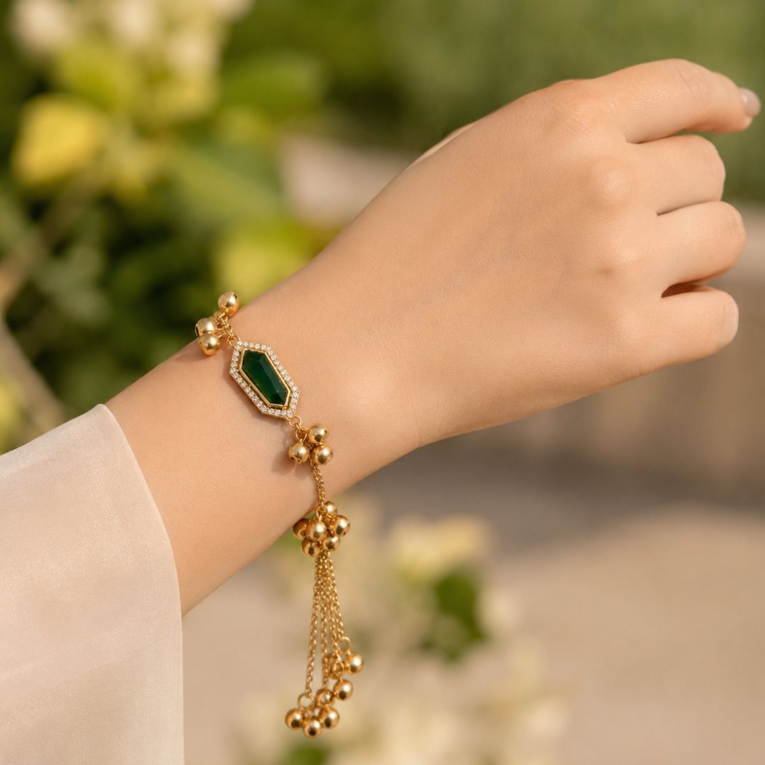 Emerald Hexagon Kashmiri Ghungroo Lumba Bracelet