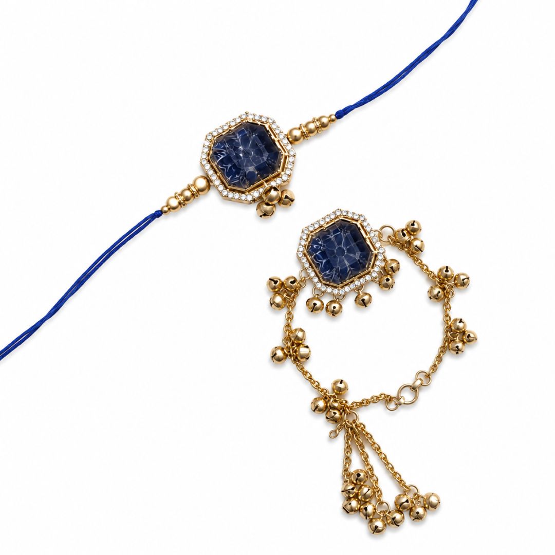 Royal Sapphire Kashmiri Ghungroo Bhaiya Bhabhi Lumba Rakhi with RoliChawal & Rakshabandhan Card