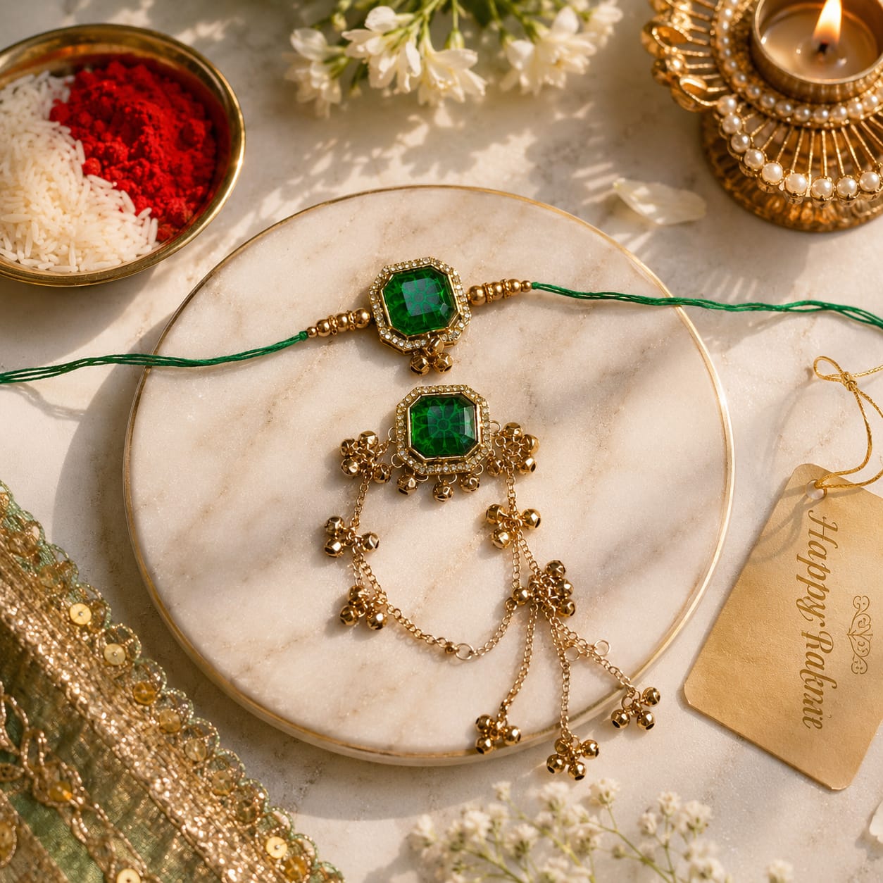 Royal Green Kashmiri Ghungroo Bhaiya Bhabhi Lumba Rakhi with RoliChawal & Rakshabandhan Card