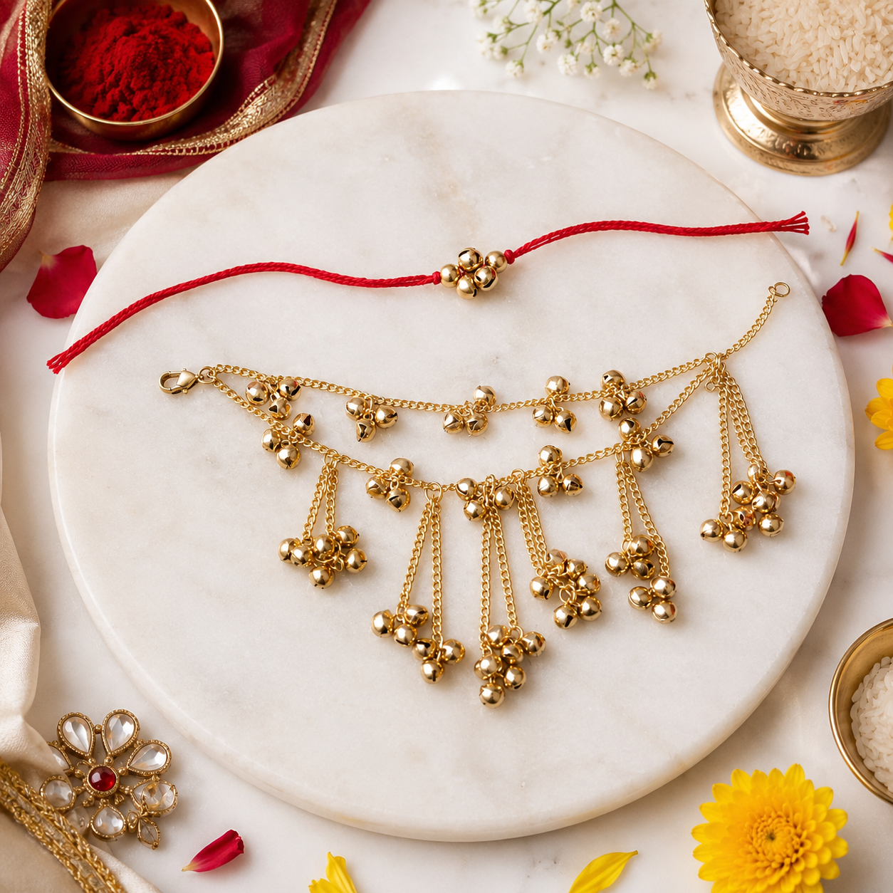 Ethnic Kashimiri Ghungroo Bhaiya Bhabhi Lumba Rakhi With Roli Chawal & Rakshabandhan Card