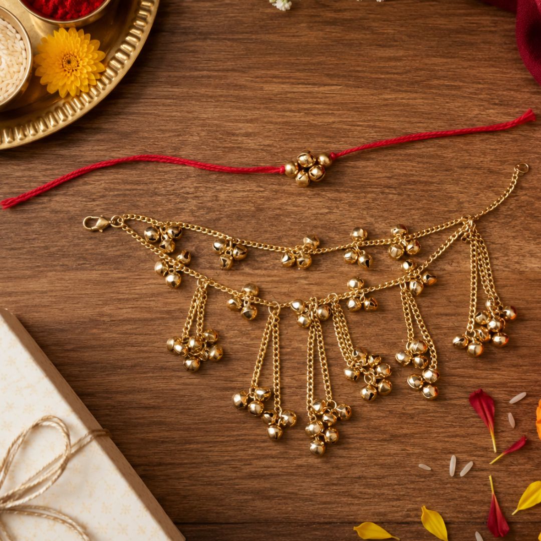Ethnic Kashimiri Ghungroo Bhaiya Bhabhi Lumba Rakhi With Roli Chawal & Rakshabandhan Card