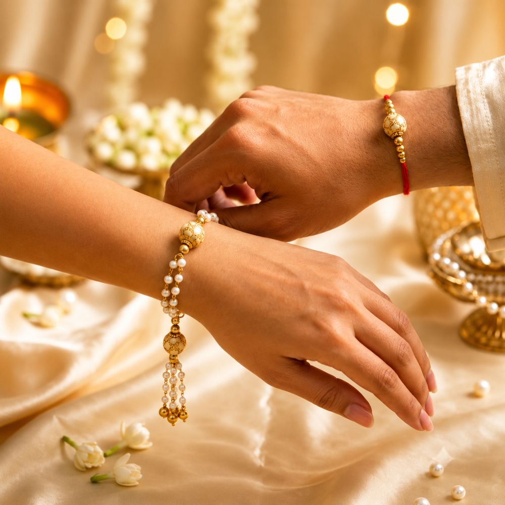 Pearl Bhaiya Bhabhi Lumba Rakhi with Roli Chawal & Rakshabandhan Card