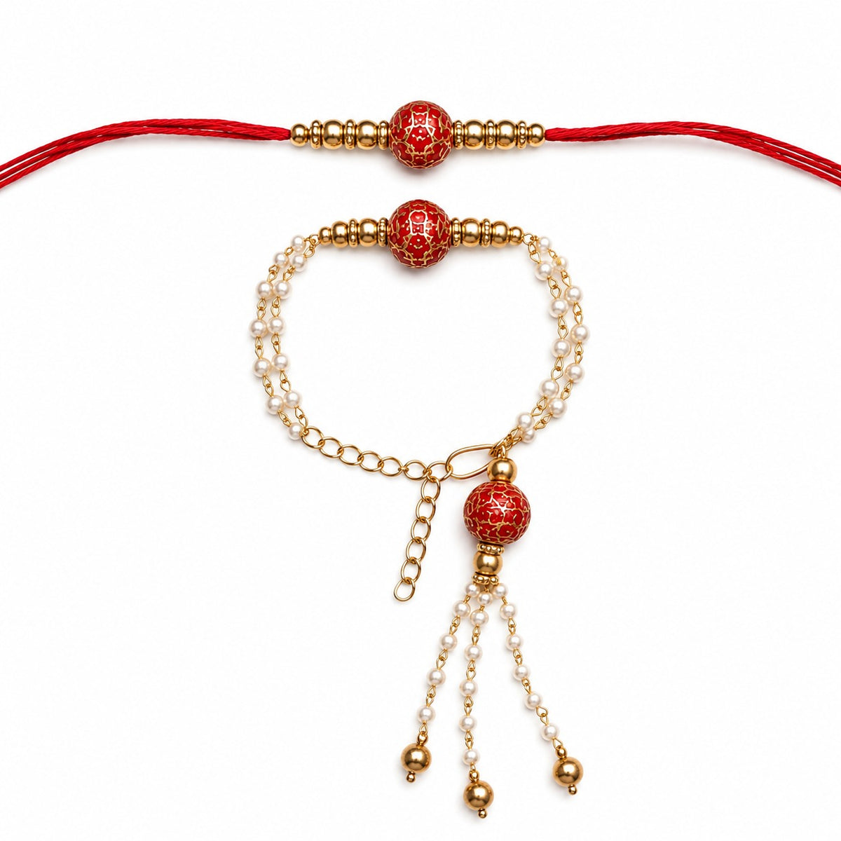 Maroon Pearl Bhaiya Bhabhi Lumba Rakhi with Roli Chawal & Rakshabandhan Card