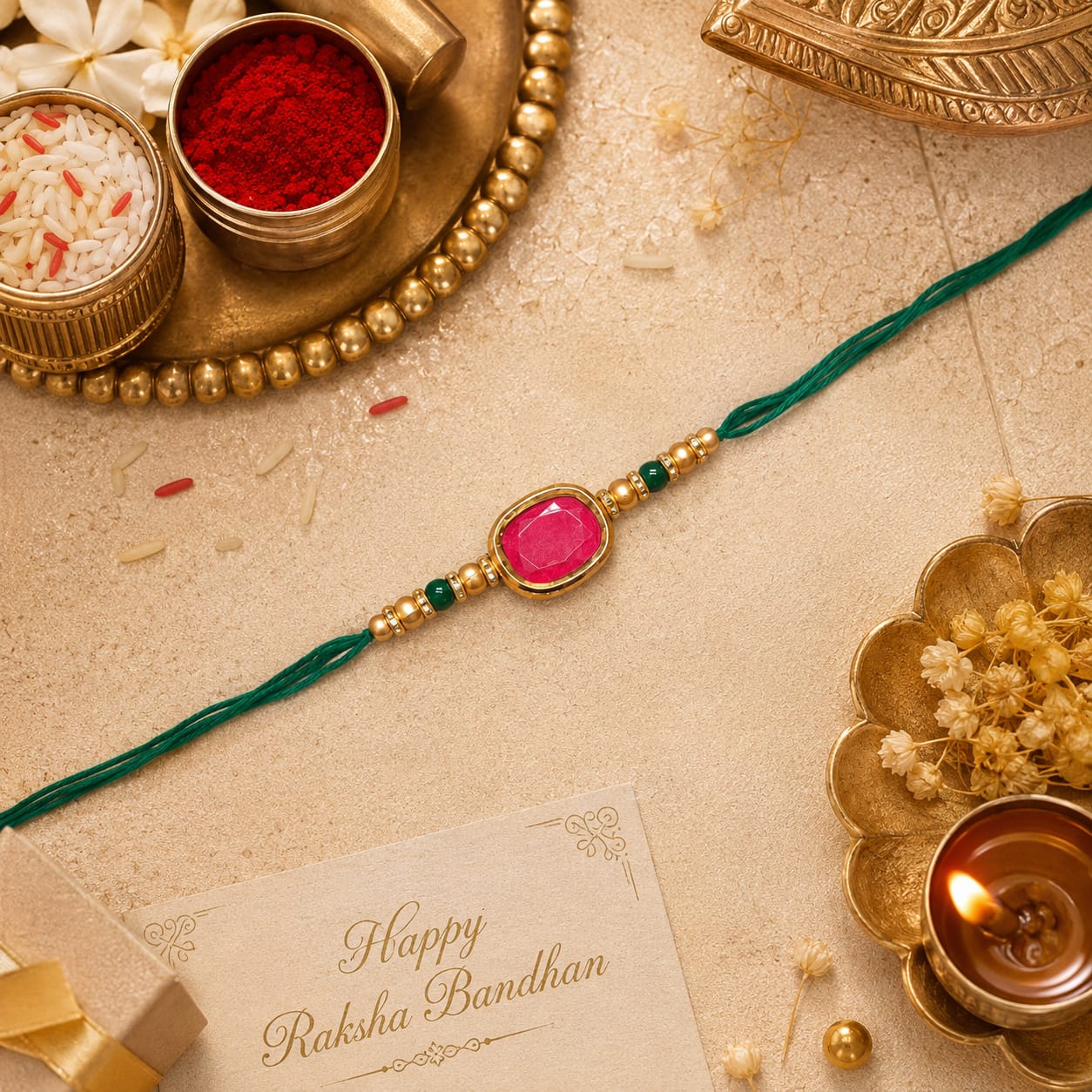 Pink Stone Designer Rakhi for Brother with Roli Chawal & Raksha Bandhan Card
