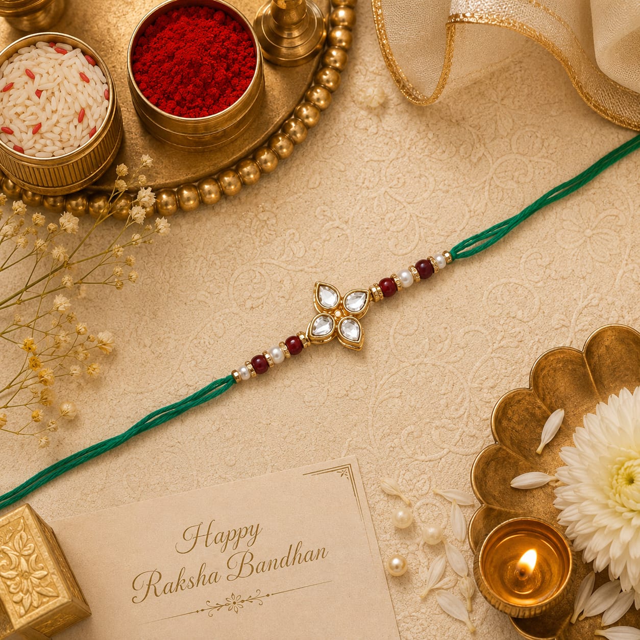 Flower Designer Rakhi for Brother with Roli Chawal & Raksha Bandhan Card