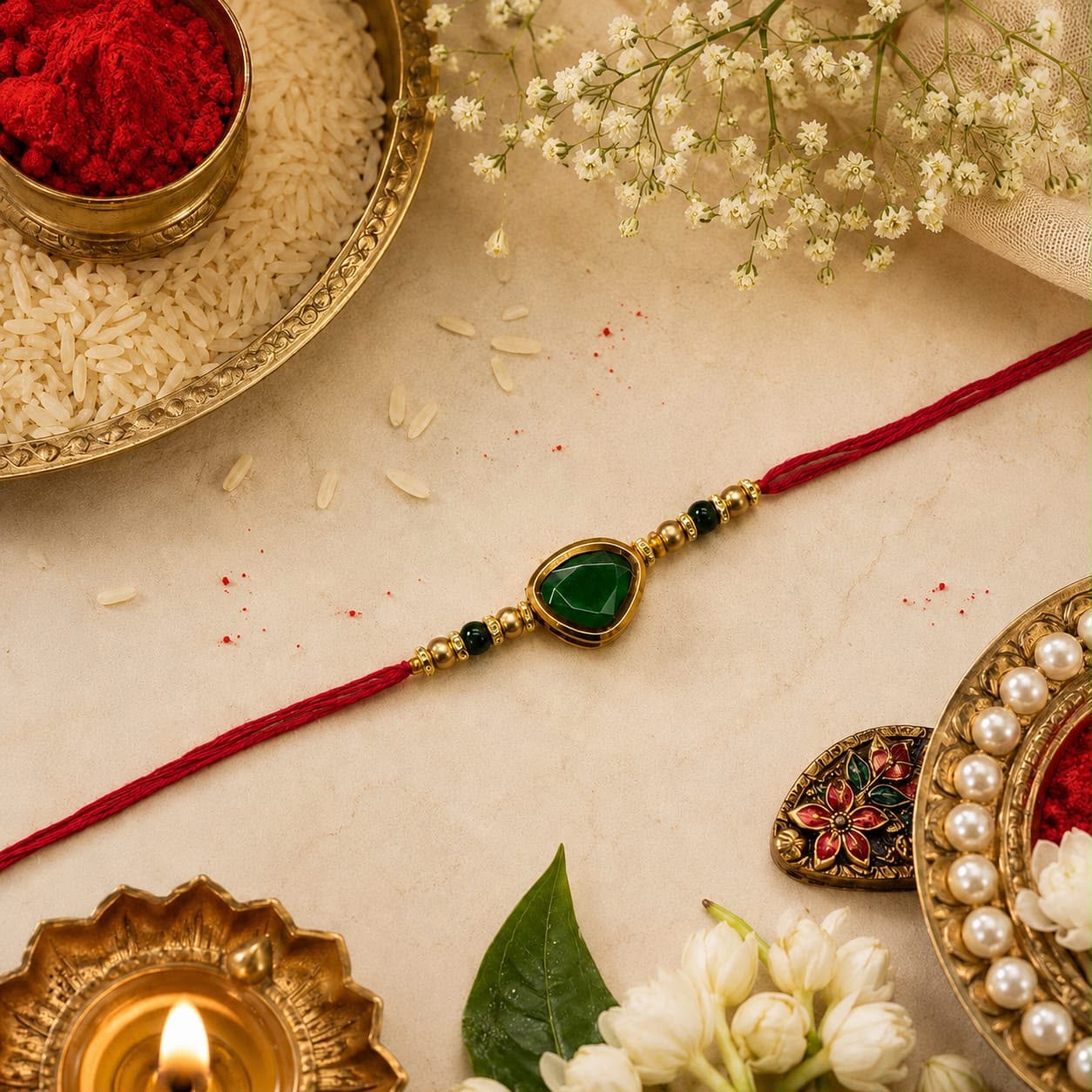 Teardrop Green Stone Designer Rakhi for Brother with Roli Chawal & Raksha Bandhan Card